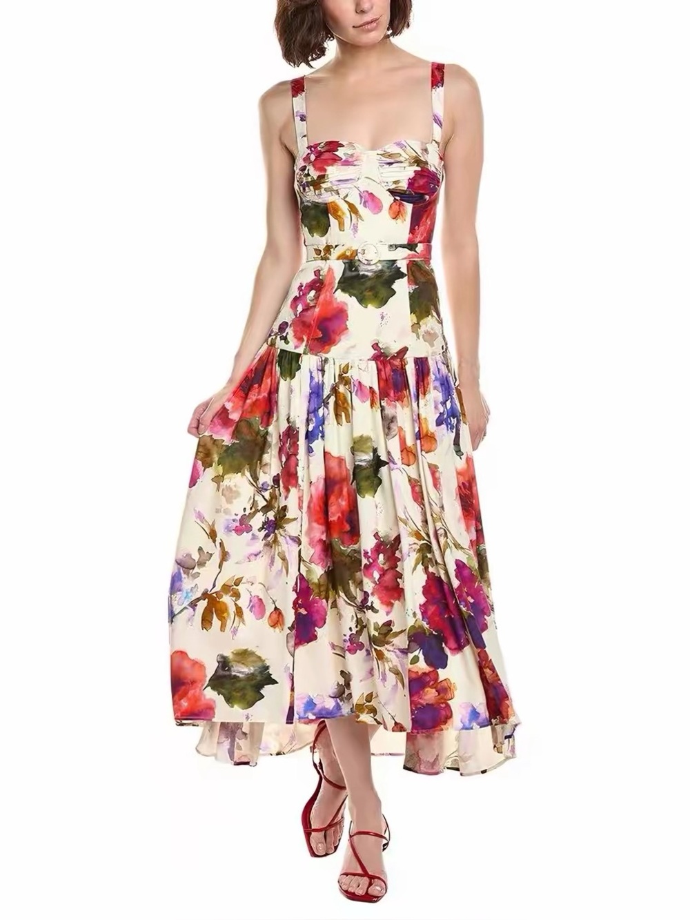 Nicholas Valerie Purple & Red Rose Floral Printed Belted Midi Dress NWOT